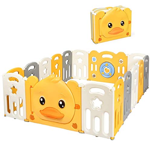 Costzon Baby Playpen, 16 paneles portátiles para bebés con patrón de pato amarillo, puerta con cerradura de seguridad, valla plegable para interior y exterior con bases de goma antideslizante y ventosas de goma (16 paneles)