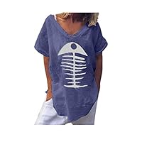 Orfilaly Womens Funky Baggy Fishbone Printed Tops Retro Casual Short Sleeve V Neck T-Shirt Summer Beach Blouse Blue