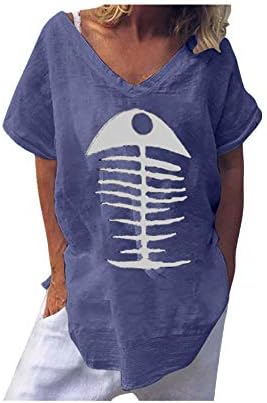 Women Funny Fishbone Tops Ladies Vintage Casual Linen Short Sleeve Loose Blouse T-Shirt for Work Sports Daily Beach