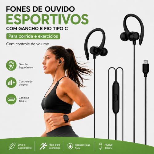 Fone de Ouvido Esportivo com Fio USB Tipo C. Intra-Auricular com Gancho de Silicone e Microfone Integrado – Ideal para Corrida, Academia e Caminhadas. (Preto, USB-C)