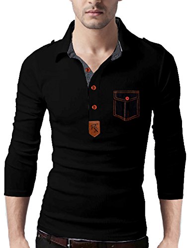 seven rocks men's polo neck cotton black tshirt "leather patch"