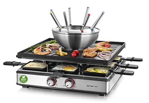 EMERIO 3in1 Raclette Station für bis zu 8 Personen, Grill Fondue, elektrisch, Temperaturregulierung, Bratfläche 38x37cm, Beleuchtung, 2200 Watt, platzsparend, Edelstahl, BPA frei, RG-128187, Schwarz