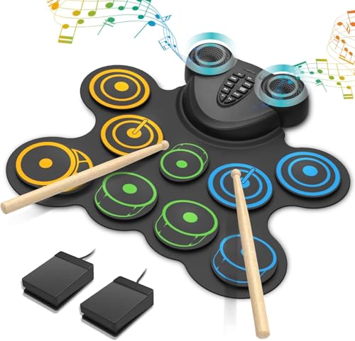 VEDO Bateria Eletrônica Infantil 10 Pads Sensíveis, Alto-Falantes Duplos, 2000mAh Bateria Recarregável, MIDI e Conexão para Fones - Kit Musical Portátil com 9 Músicas Demo e 10 Ritmos Crianças
