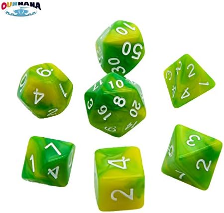 Oun Nana Polyhedral 7-Die Dice Set-Dungeons and Dragons with Black Pouch (Yellow Green)