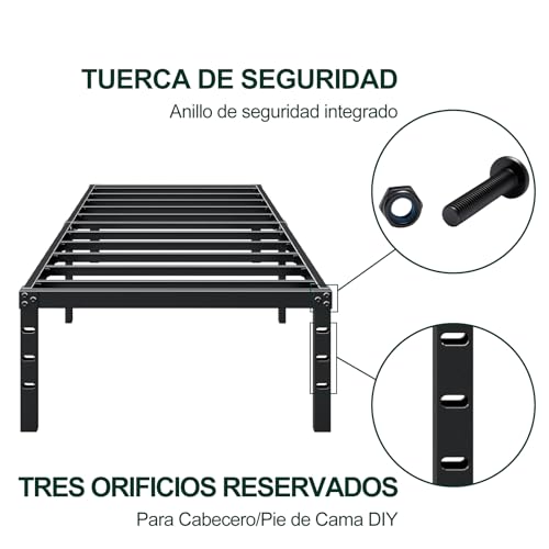 OSLIFE Base Cama Individual，18 Pulgadas de Altura ，Espacio de Almacenamiento Debajo de la Cama, con Agujeros en el Cabecero，Hierro Metálico Camas，Fácil de Montar, con Gran Capacidad de Carga