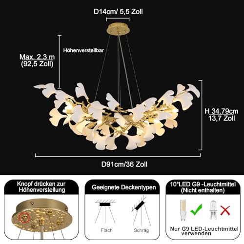 PIOUTNF Branch Chandelier, Modern Dining Table Chandelier, Ceramic Ginkgo Leaf Chandelier, 10 x G9, Dimmable, L91.5 cm, Suitable for Living Room, Hallway, Kitchen, Bedroom, Without Bulb