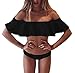 Tempt Me Women Two Pieces Solid Color Crop Ruffled Off-Shoulder Flounce Bikini Sets Black S