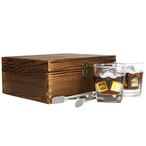 Atterstone Whiskey Glass Box Set Includes 2 Glasses, 8 Chilling Stones, Storage Bag, Silicone-Ended Tongs, and Wood Box with Etched interior, Gift Box Set
