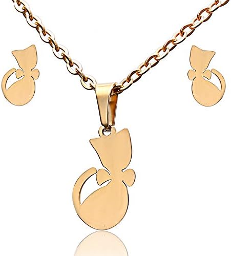 fuyo Gold Color Stainless Steel Cat Jewelry Set,Cat Necklace Earrings For Women Girl Party (Tie Cat)