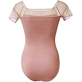 ROYAL SMEELA Women’s Dance Leotards Square Neck Mesh Short Sleeve Leotard for Comfort Performance Stretchy Bodysuit