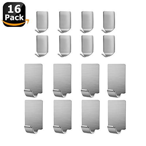 Adhesive Hooks, KOSIN Heavy Duty Wall Hooks Stainless Steel Ultra Strong Waterproof Wall Hangers for Robe, Coat, Towel, Keys, Bags, Home, Kitchen, Bathroom - 16 pack