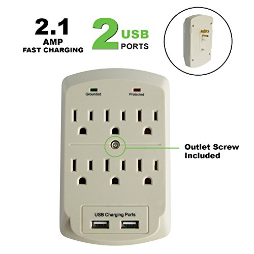 2-Pack Luxtronic 6-Outlet Wall Tap Surge Protector with 2 USB Ports 2.1A