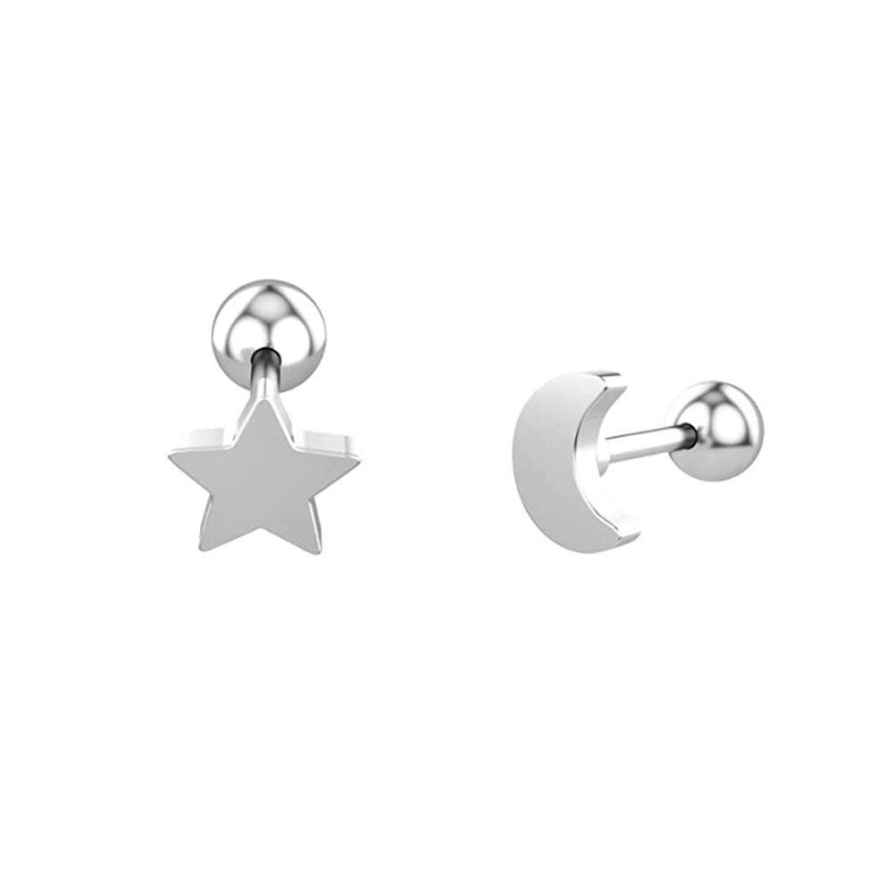 Minimalist Moon Star Cartilage Stud Earrings S925 Sterling Silver Fashion Small Tiny Earring Studs Asymmetrical Tragus Screw Back Ear Piercing for Women Girls
