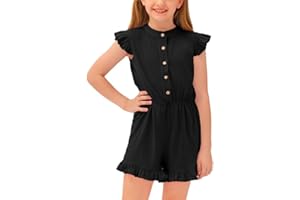 BesserBay Girl's Summer Ruffled Flutter-Sleeve Jumpsuit Button Down Crewneck Romper 5-14 Years