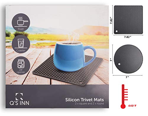 Q's INN Silicone Trivet Mats | Hot Pot Holders | Drying Mat. Our 7 in 1 Multi-Purpose Kitchen Tool is Heat Resistant to 440°F, Non-slip,durable, flexible easy to wash and dry and Contains 4 pcs Black.