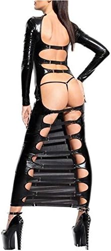 Catsuit Women Wetlook Long Dresses Faux Leathe Striped Hollow Fetish Sleepwear Bodysuit,M