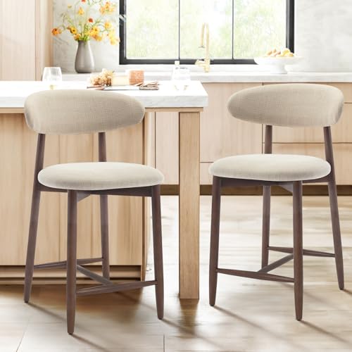 COLAMY Counter Height Bar Stools Set of 6, Kitchen Bar Stools with Back, Mid Century Modern Upholstered, with Wood Legs for Kitchen Island Dining Room, Beige