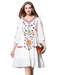 Shineflow Blusa casual para mujer, manga 3 4, floral, bordada, campesina mexicana, blusa, camisa, vestido, túnica