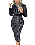 Ninimour Women Stripes Binding Long Sleeve Sequin Party Dress L Black