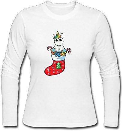 QEDS Unicorn Sit In Christmas Sock With Presents Women Long Sleeve Round Neck Cotton T-Shirt Top Christmas Gift XL