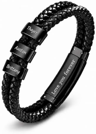 Pulsera De Cuero Negra Personalizada Con Nombre Grabado: Hasta 8 Nombres De Hijos, El Regalo Perfecto Para El Día Del Padre