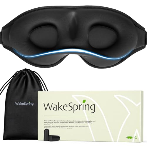 WakeSpring 3D Antifaz para Dormir, Copas Profundas Sin Presión en los Ojos, Correa Ajustable, Tela Suave y Transpirable, con Bolsa de Viaje y Tapones para Oídos, Set de Viaje