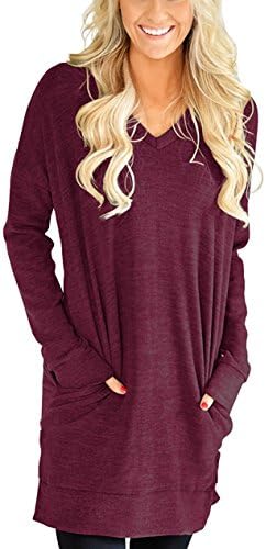 Kool Classic Womens Casual Long Sleeves Solid V-Neck Tunics Tops With Pockets Wine Red XX-Large
