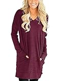 Roshop Womens Casual V-Neck Long Sleeves Pocket Solid Color Sweatshirt Tunics Blouse Tops (Wine Red, XL)