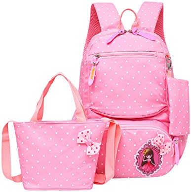 YQWEL 3 Pcs Polka Dot School Backpack for Girls Kids Book Bags and Handbag Pouch (Pink)