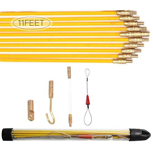 11' Fishing Rod Fiberglass Fish Tape Wire Running Coaxial Electrical Connectable Pull Kit with Hook, Hole Kit and Fastener Steel Rope in Transparent Tube, Yellow - Thumbnail 6