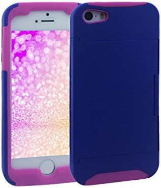 Iphone 5s Case, KYAL (TM) Dual Layer Hybrid High Impact Credit Card Holder Card Slot KickStand Case for Samsung iphone 5 / 5s - Bonus Stylus Pen + Screen Protector - Purple on HotPink