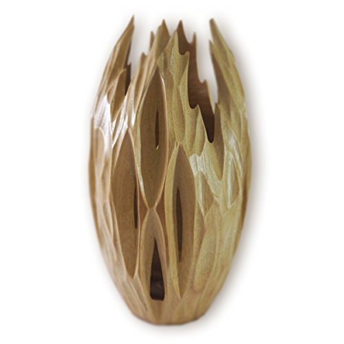 roro Wood Oval Gothic Light Brown Vase with Upward Grooves, 