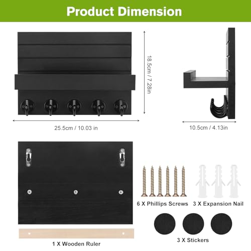 Kldgris Key Rack with Shelf, Decorative Wooden Wall Shelf, Key Rack Wood Black, with 5 Key Hooks, for Entrance, Hallway, Bedroom, Living Room