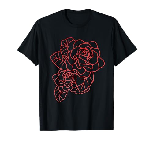 Red Rose Outline Cute Flower Floral Design Girls Gift T-Shirt