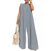 oshoplive Jumpsuits For Women Wide Leg Rompers Sleeveless Casual Crew Neck Jumpers With Pockects