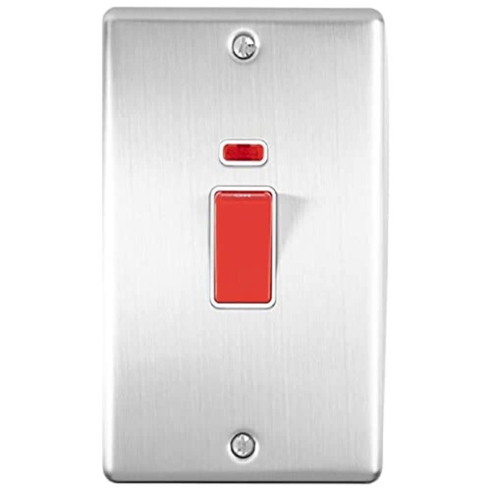 Enhance Decorative Vertical 45A Switch with Neon Satin Stainless Finish with White Trim