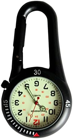 Carabiner Brand Black Clip on Carabiner Luminous Face FOB Watch for Doctors Nurses Paramedics Chefs Extra Battery