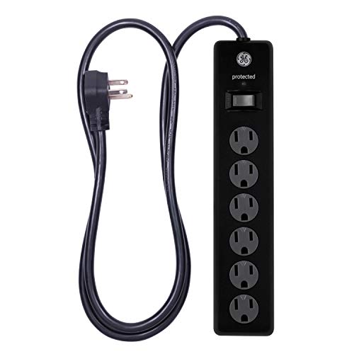 GE 6 Outlet Surge Protector, 4 Ft Extension Cord, Power Strip, 800 Joules, Twist-To-Close Safety Covers, Black, 33659