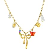 Kokoma Hollow Bow Knot Pendant Necklace for Women Simulated Pearl Sun Butterfly Charms Link Chain Adjustable Stainless Steel Choker Fashion Jewelry