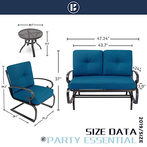Incbruce 4Pcs Outdoor Patio Furniture Conversation Sets (Loveseat, Bistro Table, 2 Spring Chair) -Swing Glider Rocking Patio Bench and Spring Metal Lounge Chairs Sets with Peacock Blue Cushions - Thumbnail 2