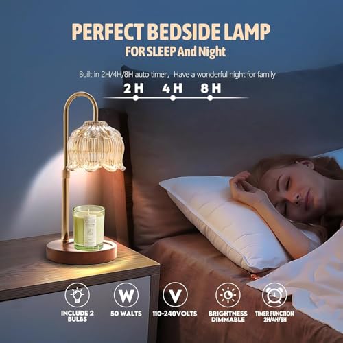 WAMBORY Candle Warmer Lamp with Timer Dimmable, Height Adjustable Electric Candle Warmer Light with 2 Bulbs, Fragrance Wax Melt Warmer Lamp for Gifts, New Home Decor(Candles Not Included)
