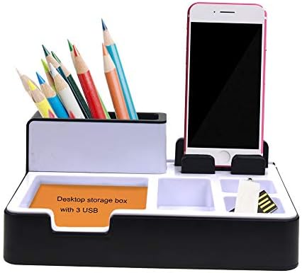 Desk Organizer, 1 Pen/Phone/Tablet Holder with 4 Compartments, Built-in 3 USB Hub, for Office or Home Personal Desktop