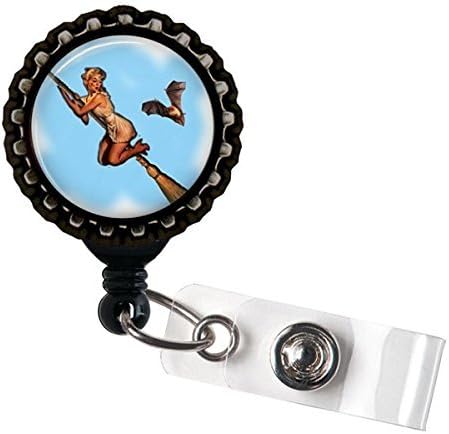 Pinup Bat Witch Name Badge Holder Retractable Reel Bottle cap