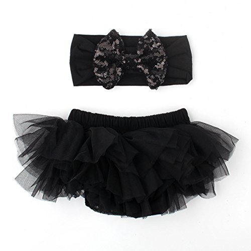 Slowera Baby Girls 2PCS Sets Cotton Tulle Sequins Diaper Cover Bloomers and Headband (Black Black, L: 12-24 Months) - Thumbnail 2