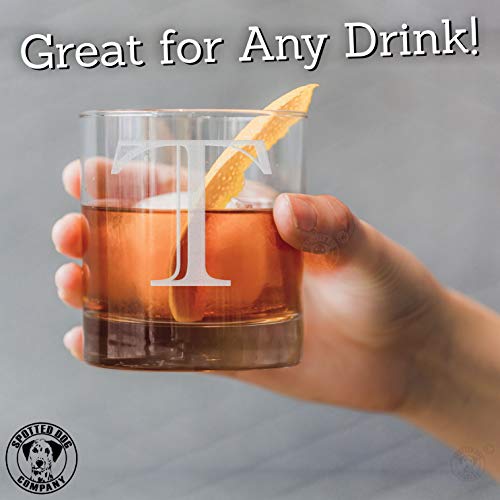 Etched Monogram 10.5oz Rocks Old Fashioned Lowball Glass for Whiskey Scotch Bourbon (Letter T)