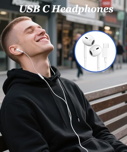 USB C Headphones for iPhone 17-2 Pack Type C Earphones for iPhone 15/16 Pro Max/Plus USB C Headphones Built-In Microphone and Volume Control Wired Earphones USB C for Galaxy S23/22/21/20 Ultra-White