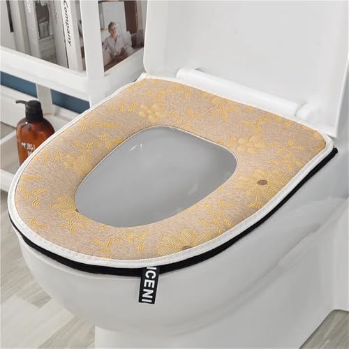 FDZDBLCECH Breathable Toilet Seat Cover Handle Zipper Washable Toilet Seat pad Cover Four Seasons Universal Toilet Mat(Khaki)