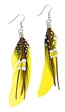 Tibetan Indian Style Feather and Leather String Earrings-- Yellow Tones