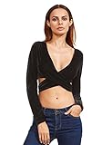 ROMWE Women's Long sleeve Deep V Neck Wrap Crop Top