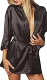 Bridesmaid Bride Satin Silk Kimono Chemise Bath Robe, Black, One Size